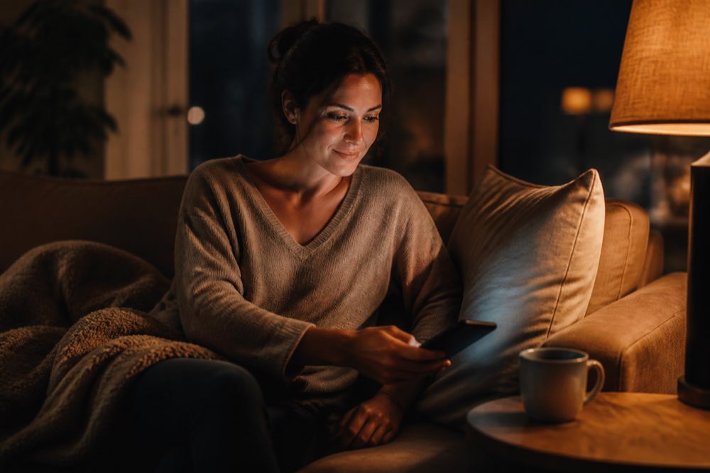 Donna sul divano riprende il telefono la sera