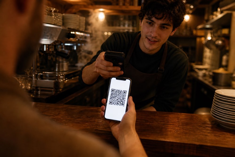 Cliente mostra o celular no balcão e o operador lê o QR