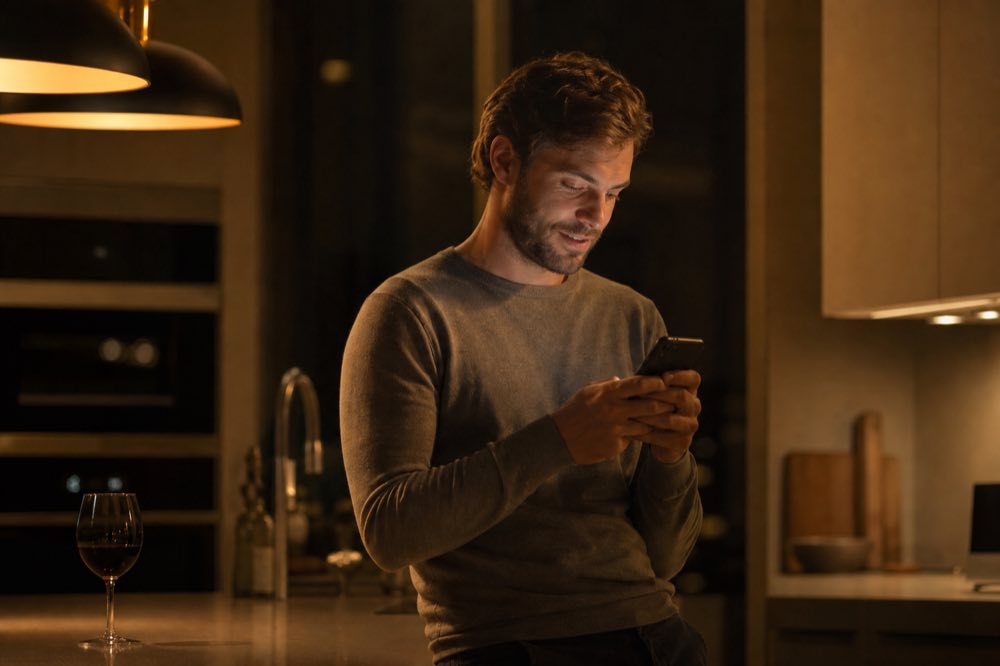 A man in a home kitchen reading the reply on his phone in the evening
