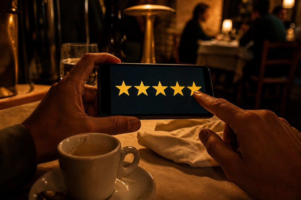 Mão tocando a quinta estrela na tela do celular