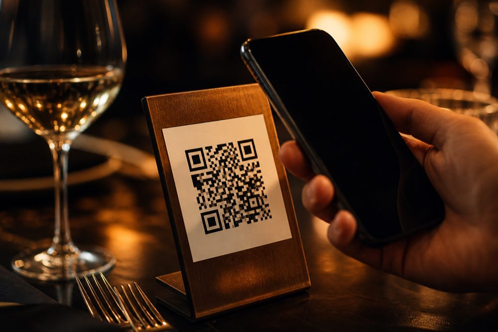 Celular lendo o QR code numa mesa de restaurante